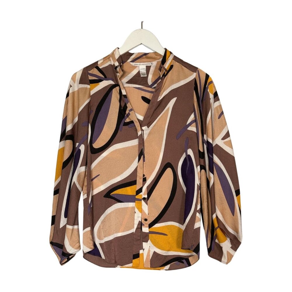 Diane von Furstenberg Abstract Silk Blouse | Retro Leaf Print | 100% Silk